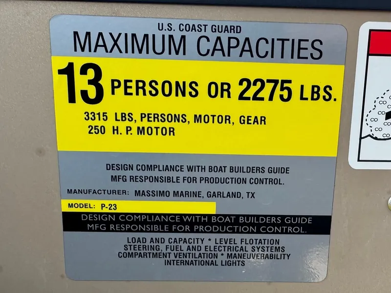 Slide: The Image of Massimo Marine P23 MAX 2023 boat capacity label: 13 persons or 2275 lbs, 250 HP motor. - 24