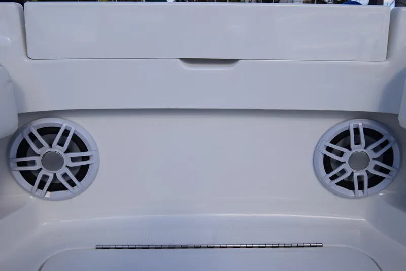 Slide: The Image of 2022 Regulator 25FS boat speakers on white interior panel. - 15