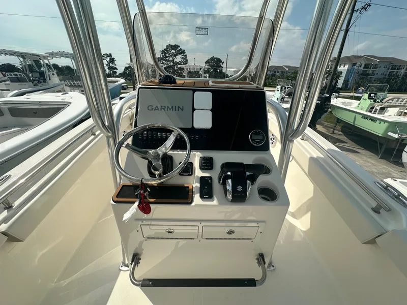 Slide: The Image of 2025 Bulls Bay 255 CC boat console with Garmin navigation system. - 3