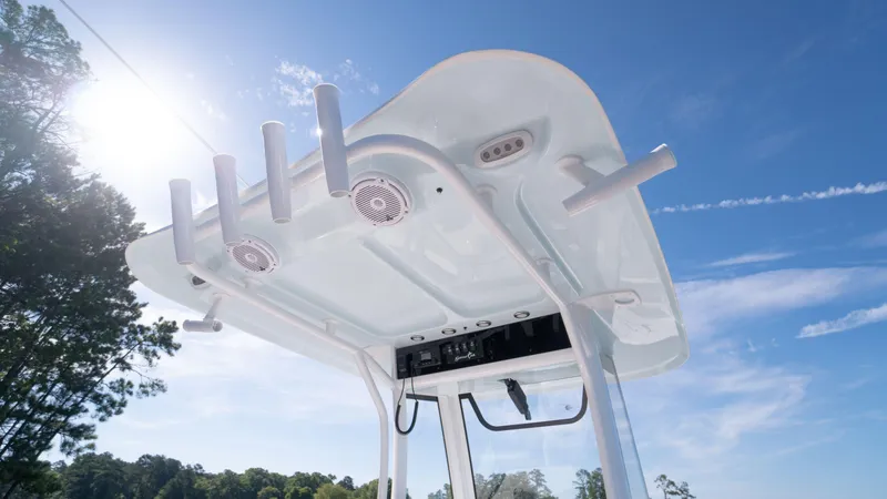 Slide: The Image of 2025 Sea Hunt Gamefish 27 Coffin Box boat, T-top view, sunny day. - 17