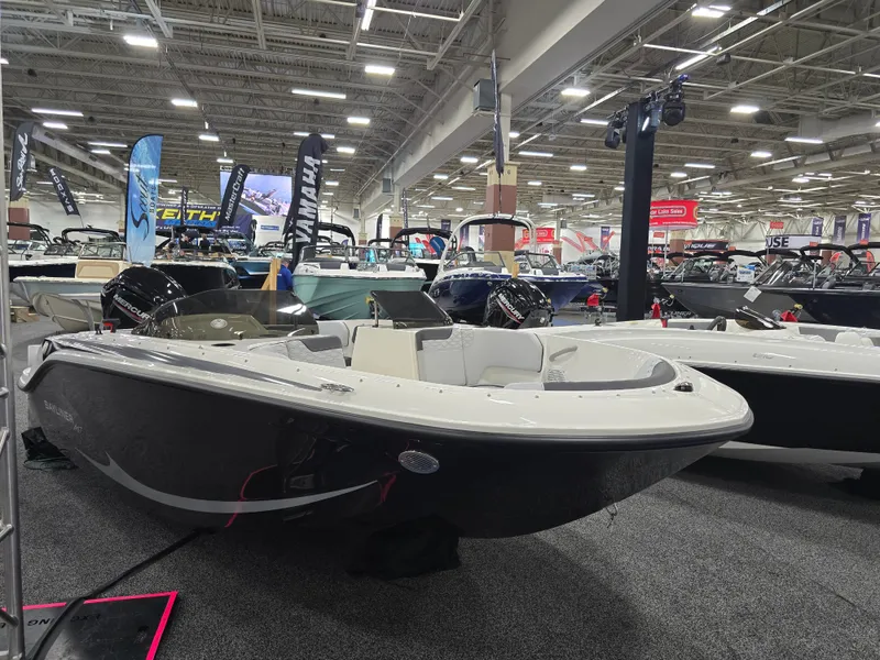 Slide: The Image of Bayliner M17 2025 displayed at a boat show. - 3