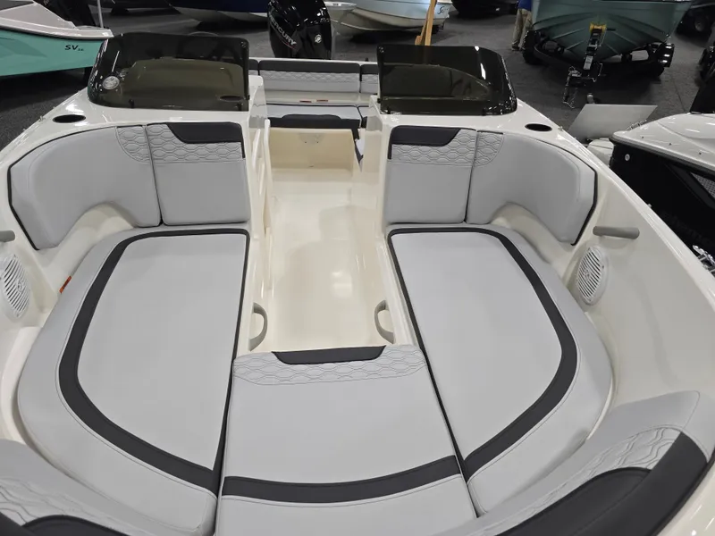 Slide: The Image of Interior of 2025 Bayliner M17 boat with gray upholstery. - 6
