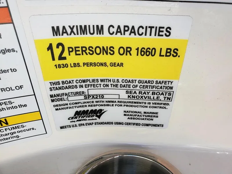 Slide: The Image of Maximum capacity label for 2025 Sea Ray SPX 210 BR boat, 12 persons or 1660 lbs. - 26