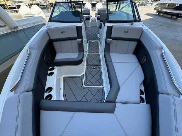 Slide: The Image of 2023 Cobalt R8 Outboard boat interior with luxurious seating and modern design. - 35