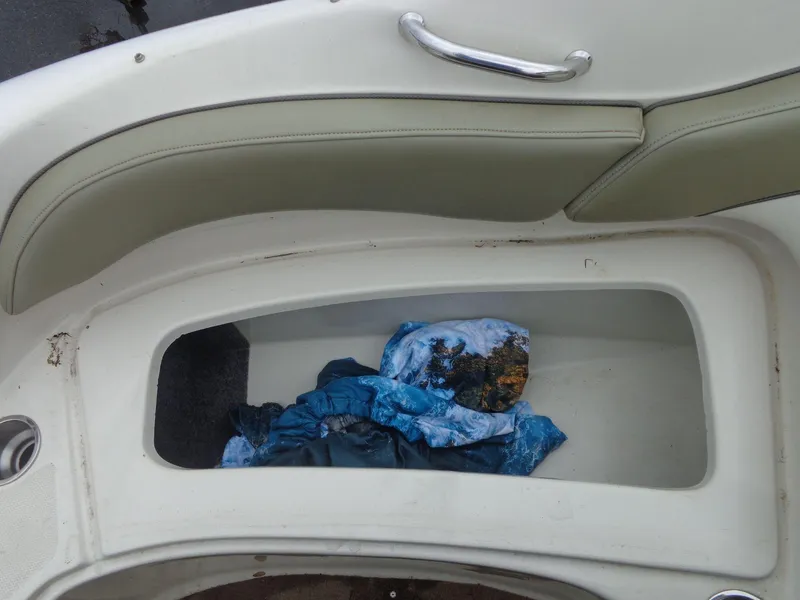 Slide: The Image of 2007 Sea Ray 200 Sundeck storage compartment with blue fabric inside. - 46