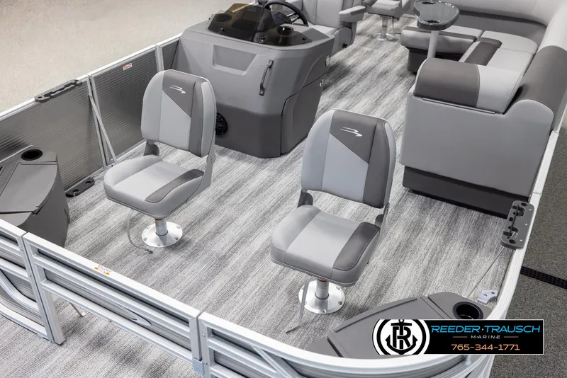 Slide: The Image of 2025 Bennington 21 SFSE pontoon boat interior with gray seating and modern design. - 10
