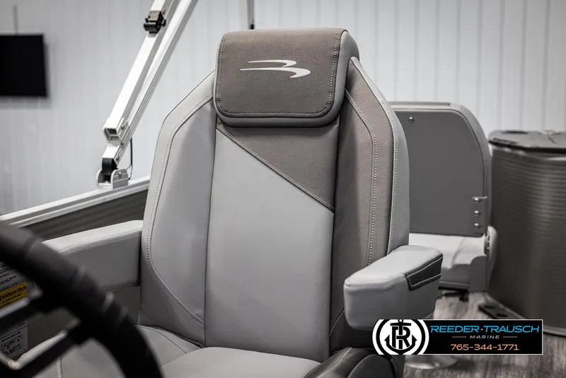 Slide: The Image of 2025 Bennington 21 SFSE boat seat with logo, featuring sleek gray upholstery. - 34