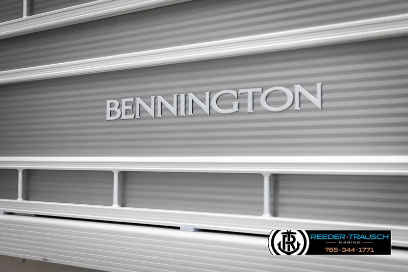 Slide: The Image of 2025 Bennington 21 SFSE boat exterior with logo and dealership contact information. - 48
