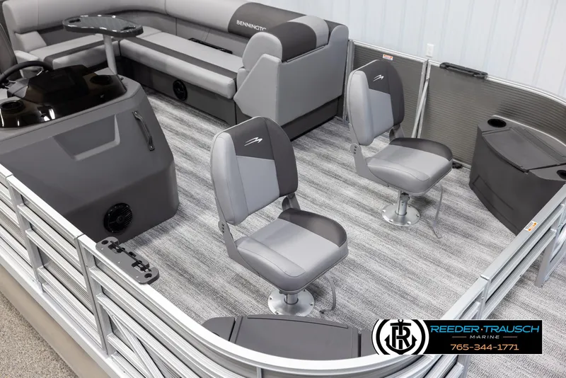 Slide: The Image of 2025 Bennington 21 SFSE pontoon boat interior with gray seating and modern design. - 9