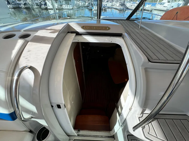 Slide: The Image of Entrance to cabin of 2004 Formula 37 Performance Cruiser, docked at marina. - 16