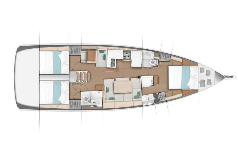 Slide: The Image of 2024 Jeanneau Sun Odyssey 490 yacht interior layout with cabins, kitchen, and living area. - 45