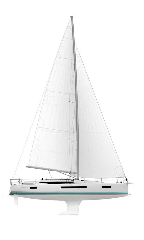 Slide: The Image of 2024 Jeanneau Sun Odyssey 490 sailboat, side view, white hull, sleek design. - 46