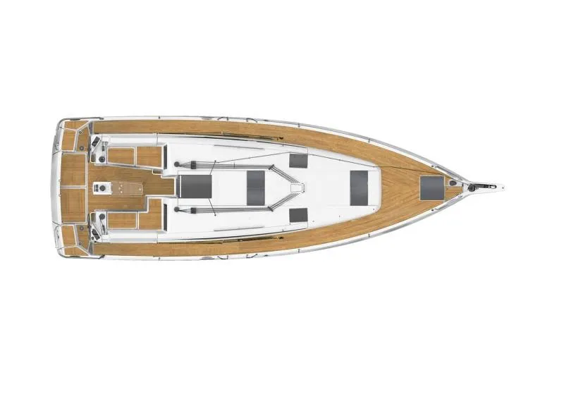 Slide: The Image of Top view of 2025 Jeanneau Sun Odyssey 440 sailboat with teak deck. - 48