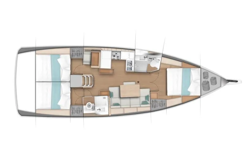 Slide: The Image of Floor plan of 2025 Jeanneau Sun Odyssey 440 sailboat, featuring cabins and living areas. - 49