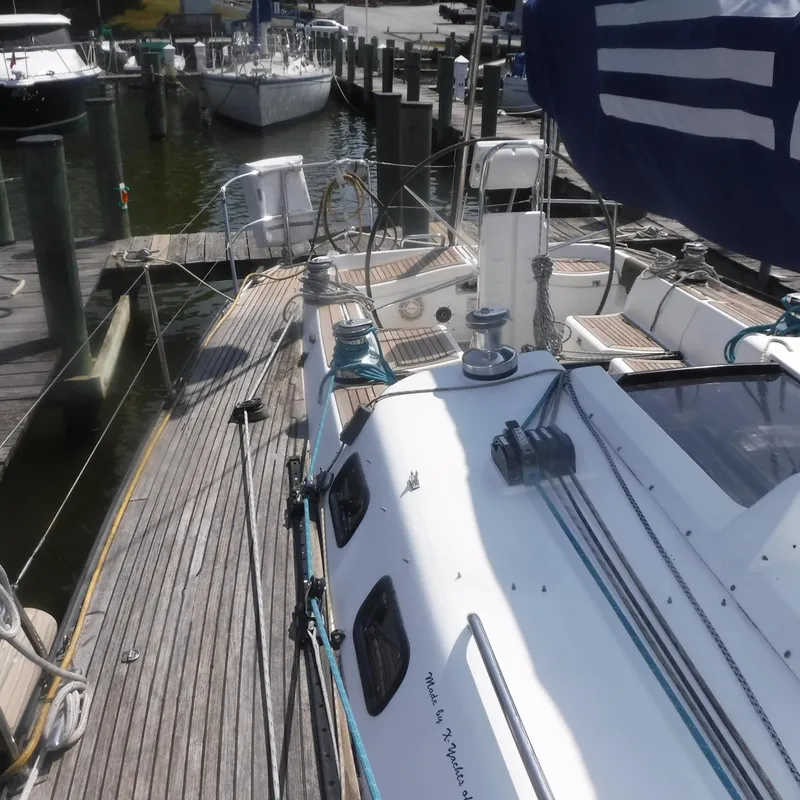 Slide: The Image of X-Yachts 2002 Model X-412 Mk III sailboat docked at marina, 2001. - 24