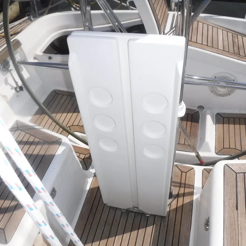 Slide: The Image of Cockpit of 2001 X-Yachts X-412 Mk III with teak flooring and white panel. - 30
