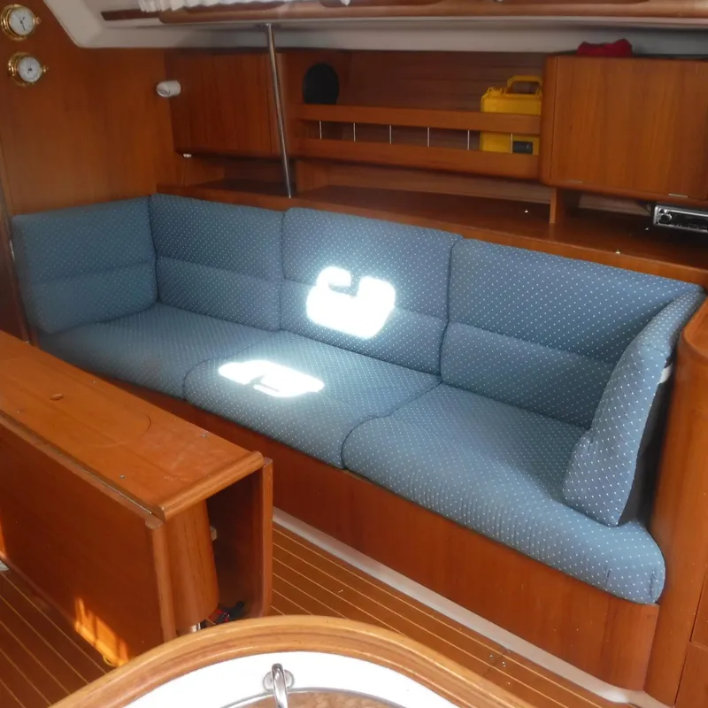 Slide: The Image of Interior of 2001 X-Yachts X-412 Mk III with blue cushioned seating. - 43