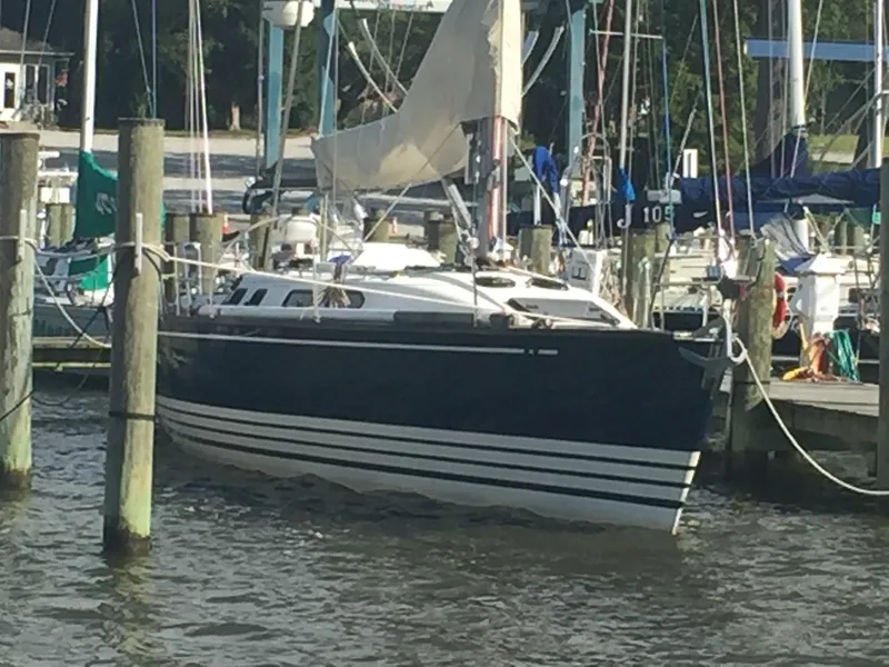 Slide: The Image of X-Yachts 2002 Model X-412 Mk III sailboat docked at marina, 2001. - 6