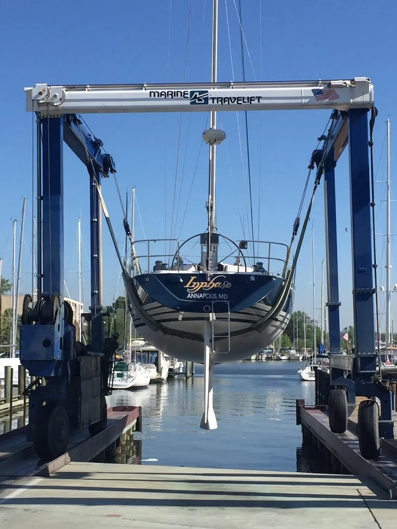 Slide: The Image of X-Yachts 2002 Model X-412 Mk III sailboat in a marina lift, 2001. - 7