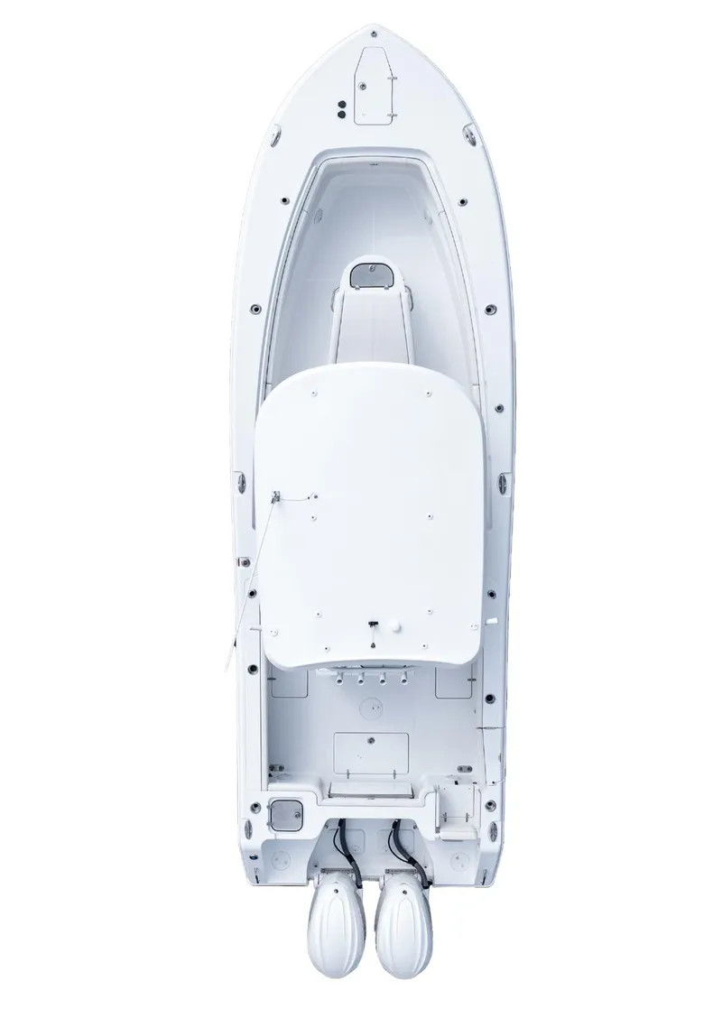 Slide: The Image of 2025 Sea Hunt Gamefish 30 boat, top view, featuring coffin box and dual engines. - 26