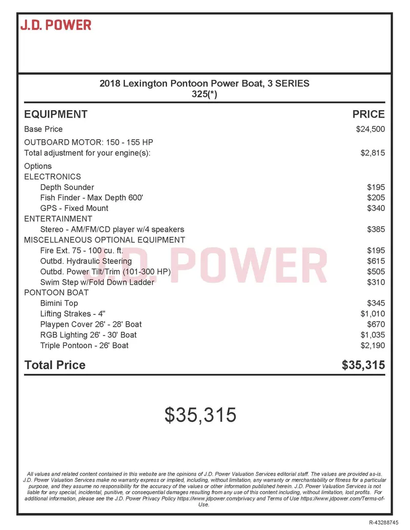 Slide: The Image of 2018 Lexington 325 Sport Tri-Toon price list with equipment and total cost of $35,315. - 9