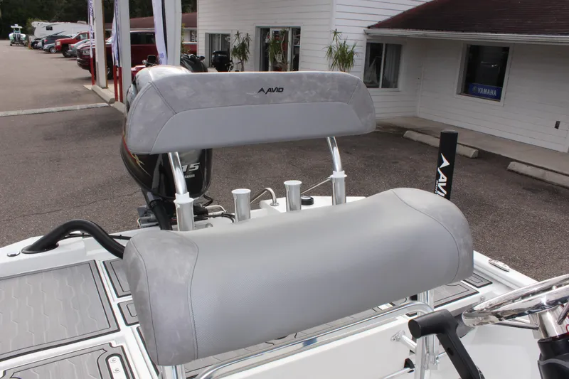 Slide: The Image of Avid 19 FSX 2025 boat with gray seating and sleek design. - 21