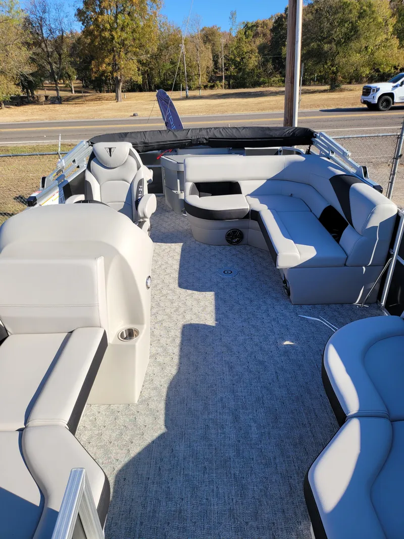 Slide: The Image of 2025 Trifecta 22TRFCLE pontoon boat with spacious seating and modern design. - 12