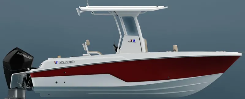 Slide: The Image of 2025 Wellcraft 223 Fisherman boat with red and white hull, side view. - 6