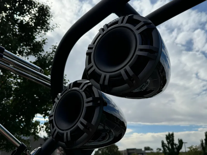 Slide: The Image of Close-up of Sanger 231SL 2025 boat speakers against a cloudy sky. - 28
