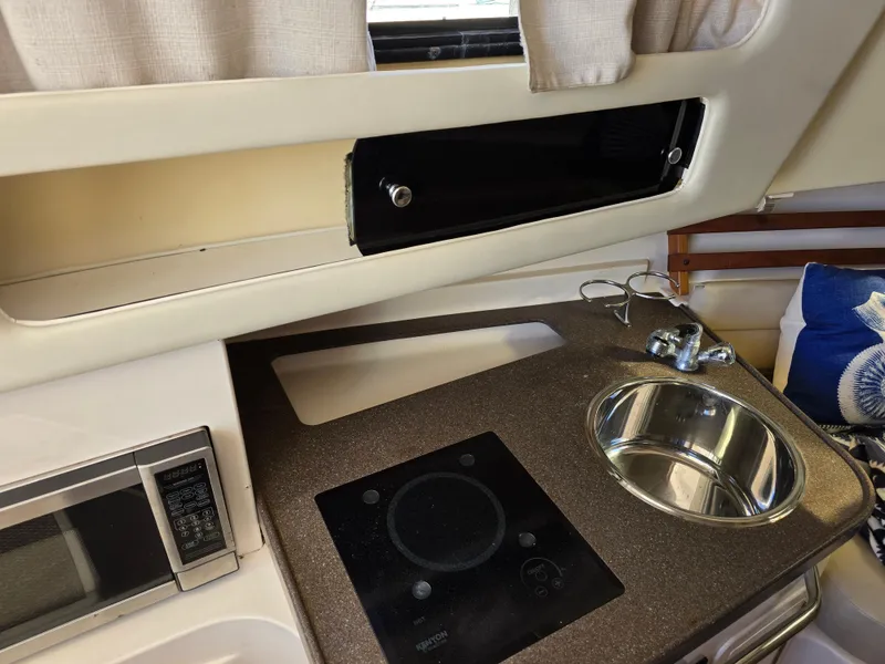 Slide: The Image of 2009 Grady-White Marlin 300 boat interior with kitchenette, sink, and microwave. - 35