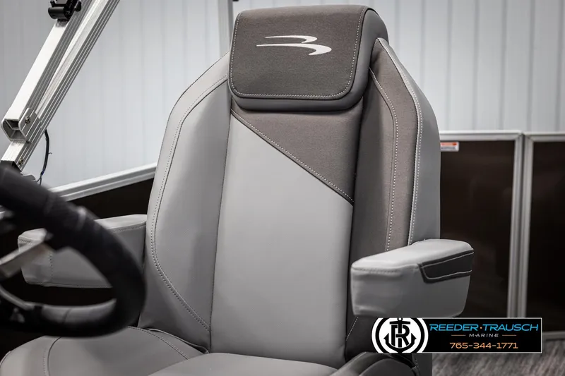 Slide: The Image of 2025 Bennington 21 SLSE boat seat, gray upholstery, Reeder-Trausch Marine logo. - 34