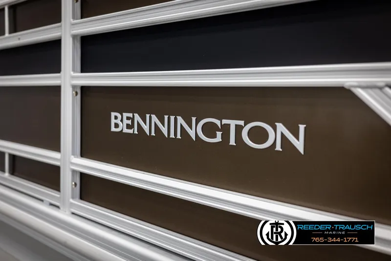 Slide: The Image of 2025 Bennington 21 SLSE boat detail with logo and branding. - 45