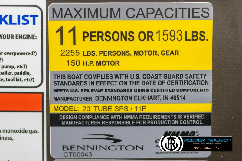Slide: The Image of Capacity label for 2025 Bennington 21 SLSE boat, 11 persons or 1593 lbs, 150 HP motor. - 49