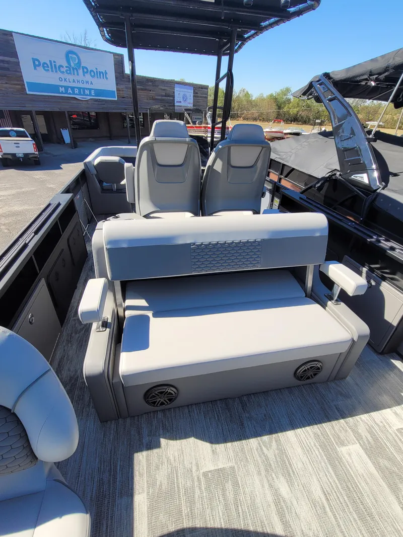 Slide: The Image of 2025 Quest M-8524 Angler Series boat interior with comfortable seating and modern design. - 11