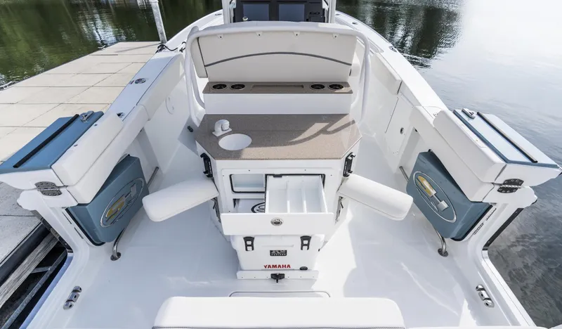 Slide: The Image of 2025 Sea Hunt Ultra 275 SE boat interior with seating and storage compartments. - 46