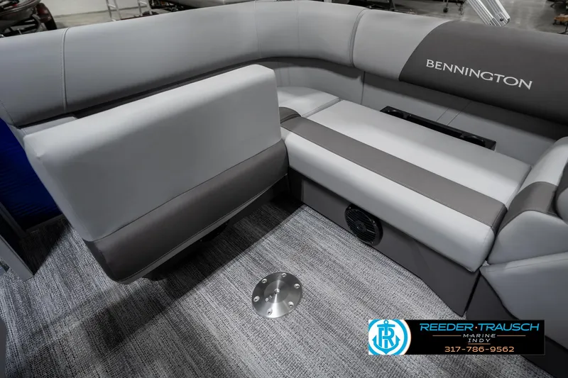 Slide: The Image of 2025 Bennington 168SF boat interior with gray seating and carpet flooring. - 23