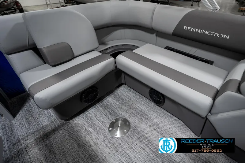 Slide: The Image of 2025 Bennington 168SF boat interior with gray seating and carpeted flooring. - 24