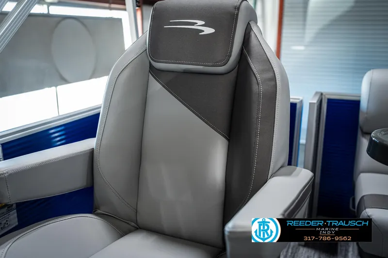Slide: The Image of Bennington 168SF 2025 boat seat with logo, featuring sleek gray upholstery. - 37