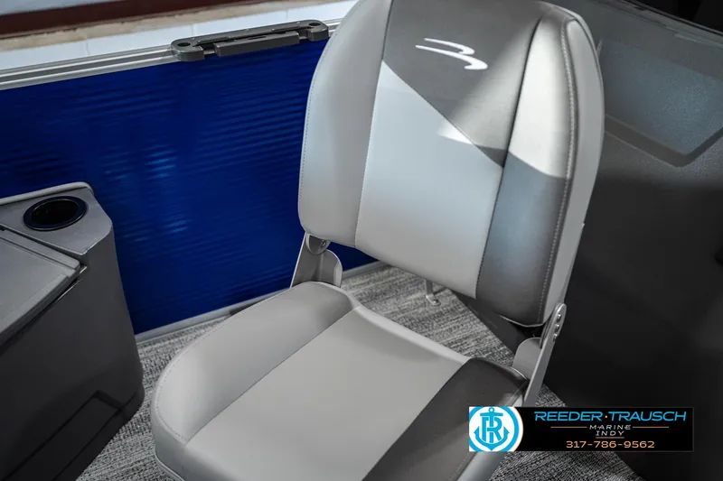 Slide: The Image of 2025 Bennington 168SF boat seat with logo, featuring gray and white upholstery. - 38