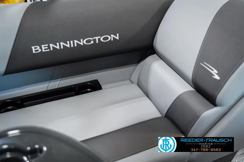 Slide: The Image of 2025 Bennington 168SF boat seat with logo, featuring gray and black upholstery. - 41