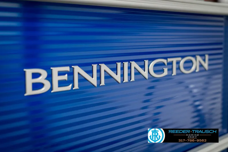 Slide: The Image of 2025 Bennington 168SF boat logo on blue background. - 46