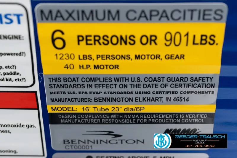 Slide: The Image of Bennington 168SF 2025 boat capacity label, 6 persons or 901 lbs, 40 HP motor. - 48