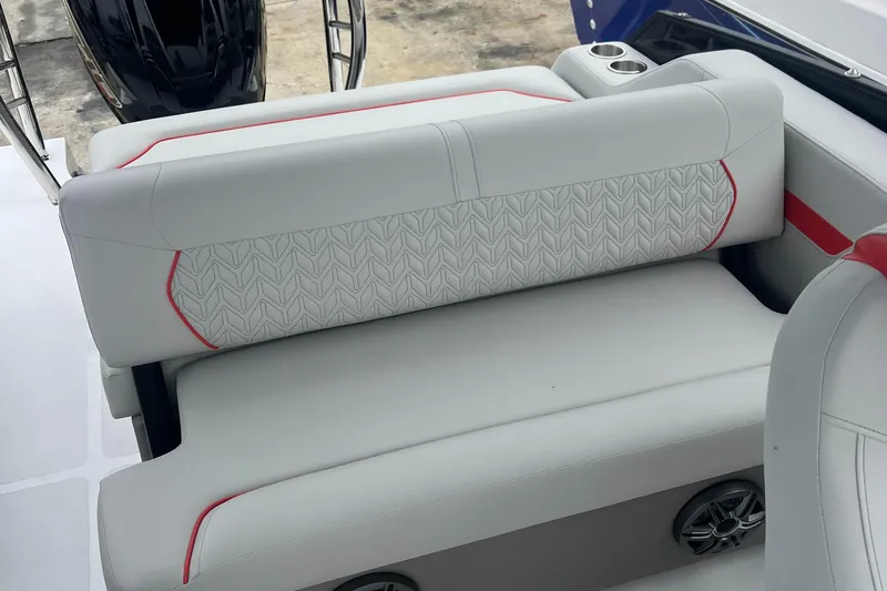 Slide: The Image of 2025 Hurricane FunDeck 2360 SFL OB boat seating with stylish upholstery and cup holder. - 7