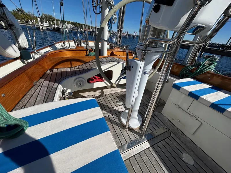 Slide: The Image of Sailing yacht cockpit with striped seating, Sparkman & Stephens S&S 45, 2010 model. - 38