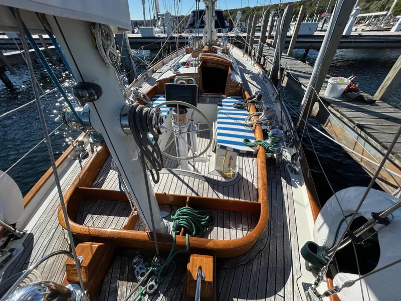 Slide: The Image of Sailboat deck view of 2010 Sparkman & Stephens S&S 45 at marina. - 41