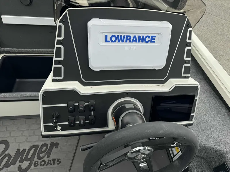 Slide: The Image of Control panel of 2025 Ranger ALPHA 208 boat with Lowrance Elite display. - 2