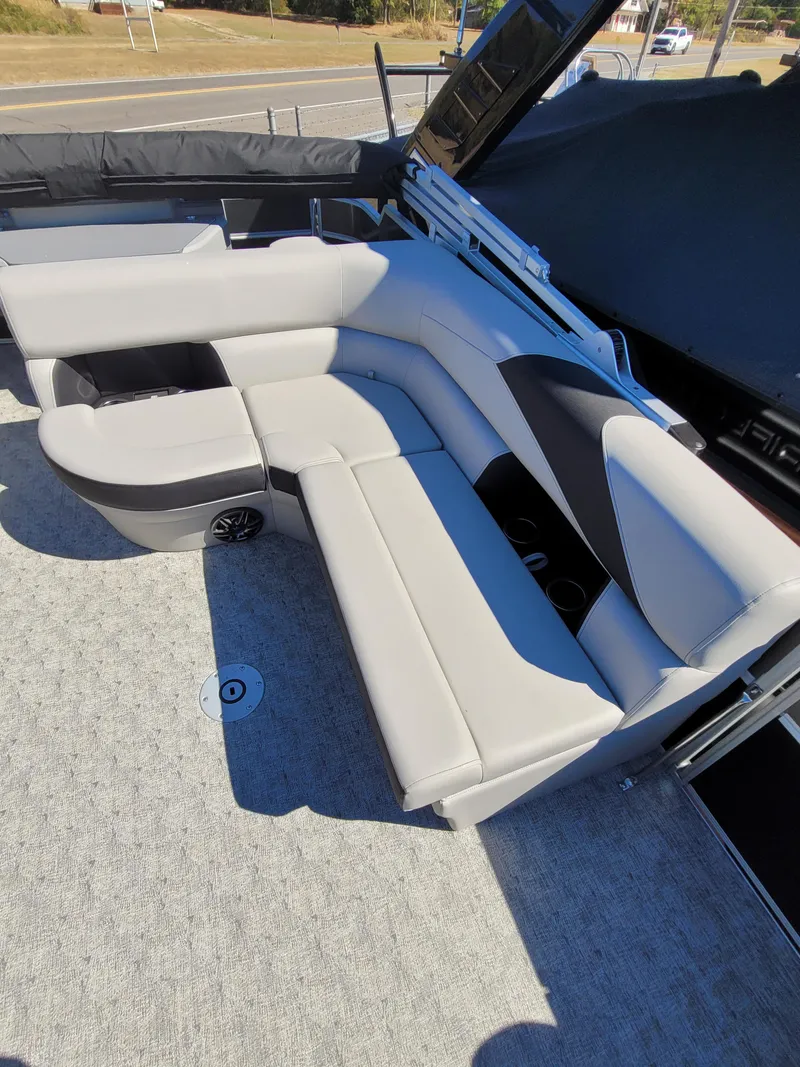 Slide: The Image of 2025 Trifecta 22TRFCLE275 boat interior with sleek gray seating and modern design. - 8