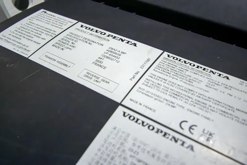 Slide: The Image of Volvo Penta engine labels on 2024 Riviera 4600 SY boat. - 20