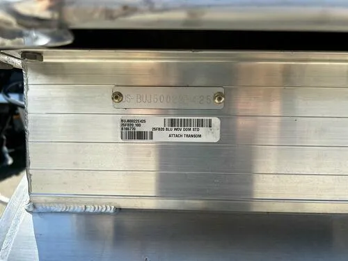 Slide: The Image of Close-up of 2025 Sun Tracker Fishin' Barge 20 DLX identification plate. - 15