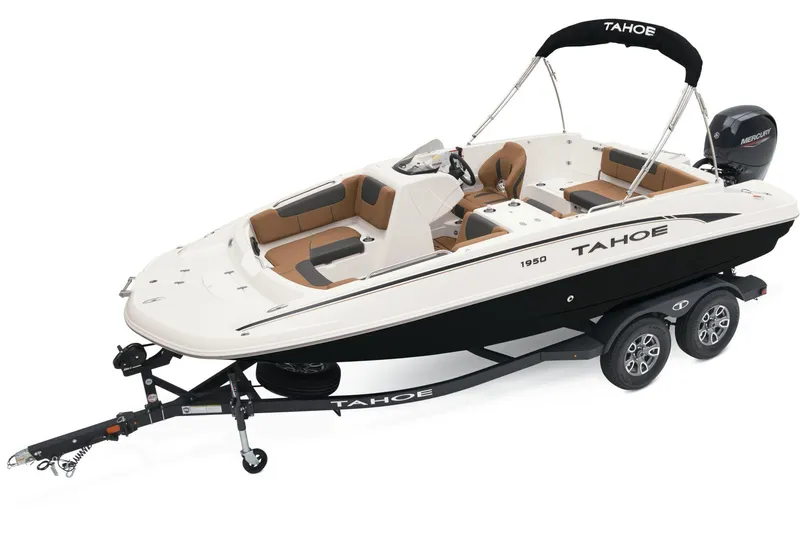 Slide: The Image of 2025 Tahoe 1950 boat with red and white design, displayed indoors. - 1